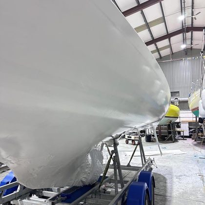 Close view of a shrink wrapped hull