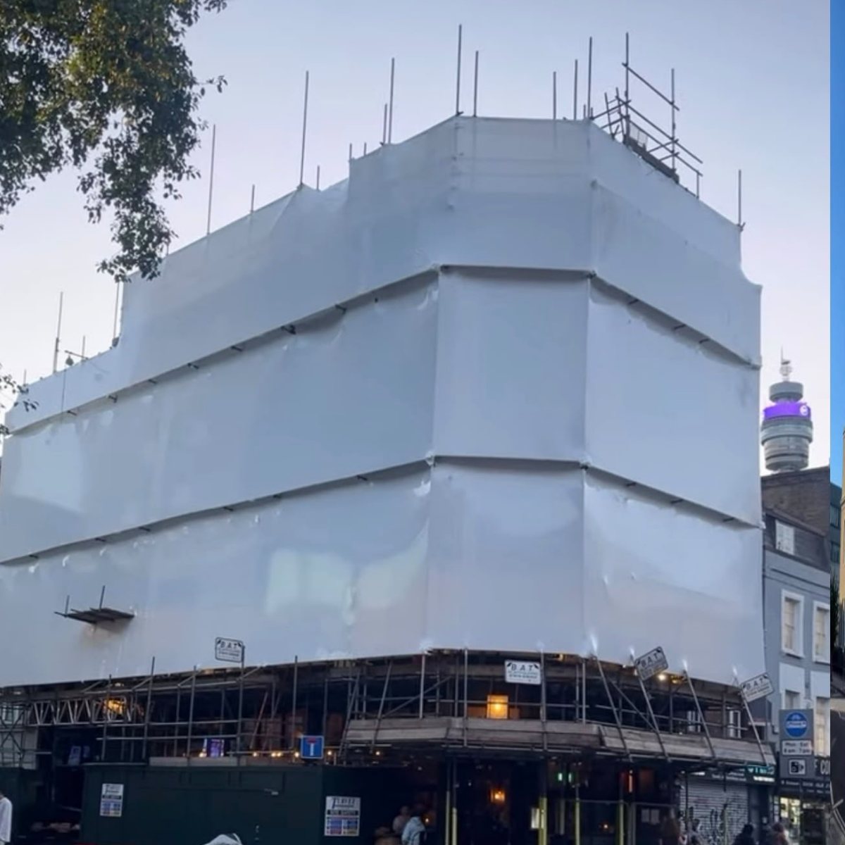 Building fully encapsulated in shrink wrap in Tottenham